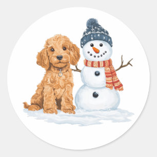 Sticker Rond Goldendoodle d'hiver Chien Bonhomme de neige migno
