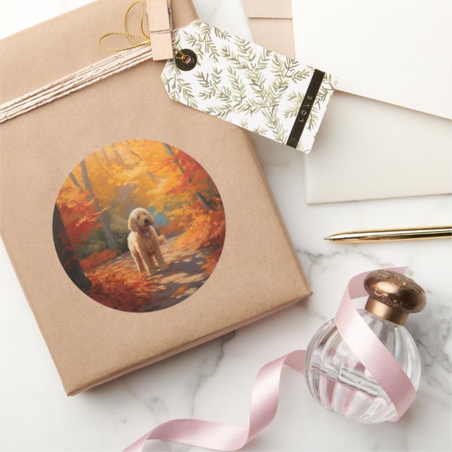 Sticker Rond Goldendoodle en automne Leaves Fall Inspire (Cadeaux)