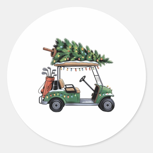 Sticker Rond Golf Cart Christmas Tree Lights Golfing Golfer Fun (Devant)