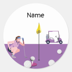 Sticker Rond Golf Femme avec panier et boule Thème pourpre