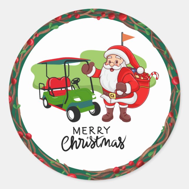 Sticker Rond Golf Joyeux Noël avec le golf du Père Noël (Devant)
