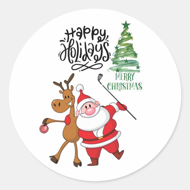 Sticker Rond Golf Joyeux Noël avec le Père Noël au drapeau (Devant)