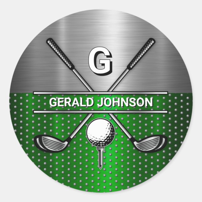 Sticker Rond Golf Monogram Vert Métallisé et Argent (Devant)