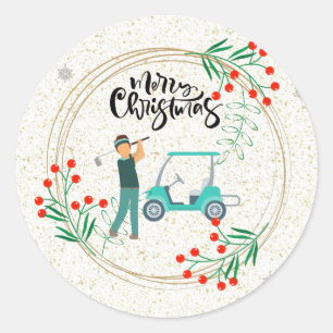 Sticker Rond Golf Noël Gofer et chariot avec couronne de fleur