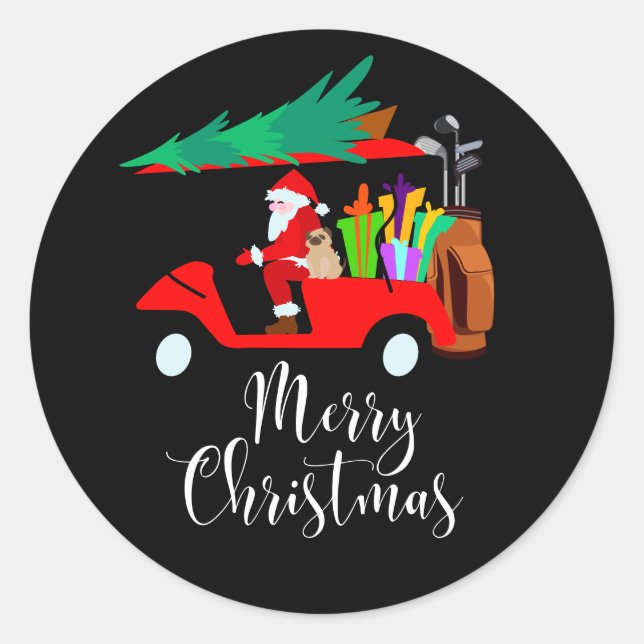 Sticker Rond Golf noël Santa Claus équitation voiturette de gol (Devant)