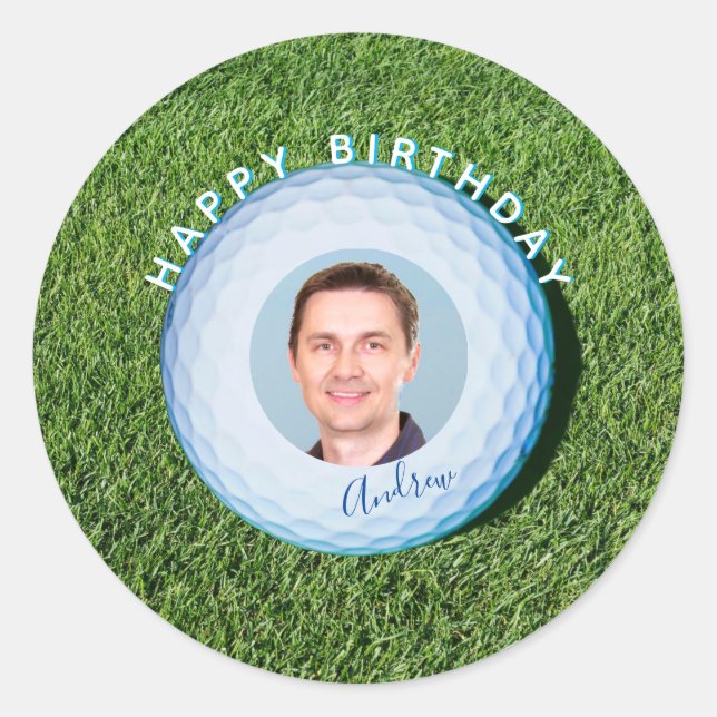 Sticker Rond Golfer Photo Signé Golf Ball Anniversaire (Devant)