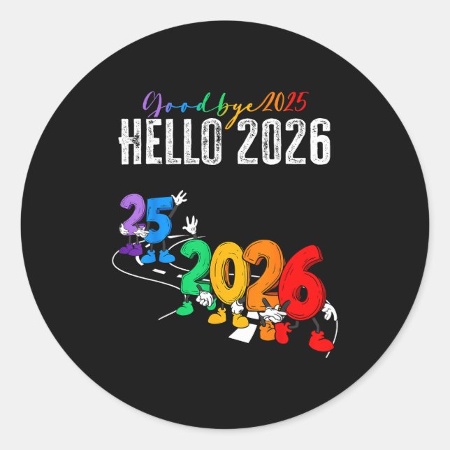 Sticker Rond Goodbye 2025 Hello 2026 Funny Cartoon New Year Boy (Devant)