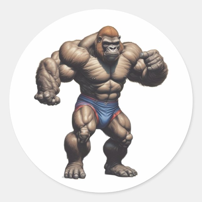 Sticker Rond Gorilla Bodybuilder Pop Art Cartoon Drawing (Devant)