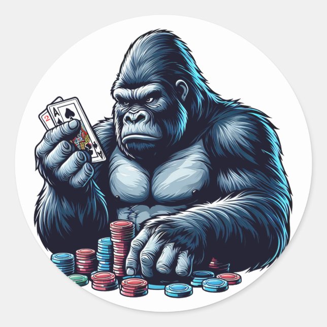 Sticker Rond gorilla singe jouer aux cartes poker casino (Devant)