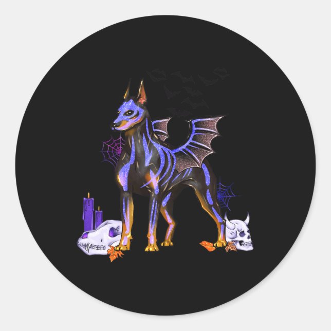 Sticker Rond Goth ailé Doberman Chien Crânes chauve et bougies  (Devant)