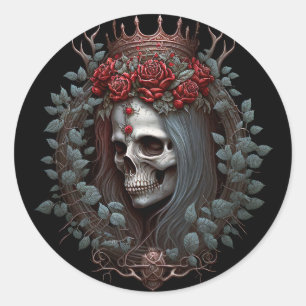 Sticker Rond Goth Crâne Rose Couronne gothique