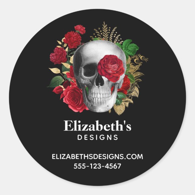 Sticker Rond Goth Skull avec Fleurs rouges Business (Devant)