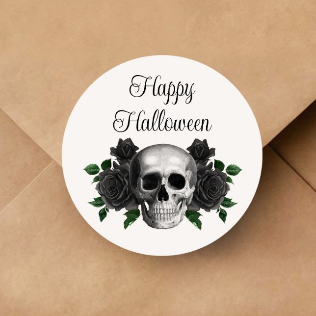 Sticker Rond Gothic Black Floral Skull Halloween (Gothic Black Floral Skull Halloween Classic Round Sticker)