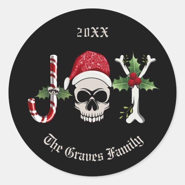 Sticker Rond Gothique Noël JOY Skull (Devant)