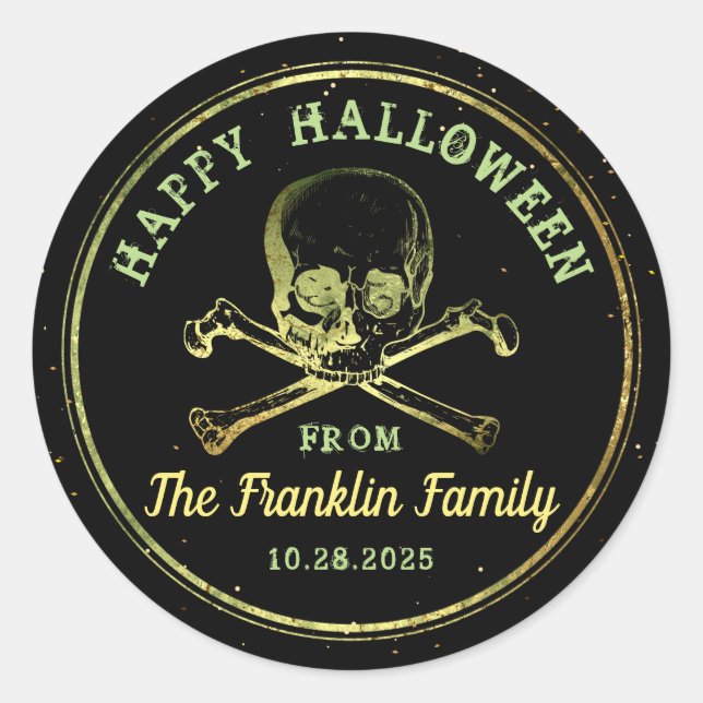 Sticker Rond Gothique Noir & Or Crâne Joyeux Halloween (Devant)