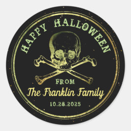 Sticker Rond Gothique Noir & Or Crâne Joyeux Halloween