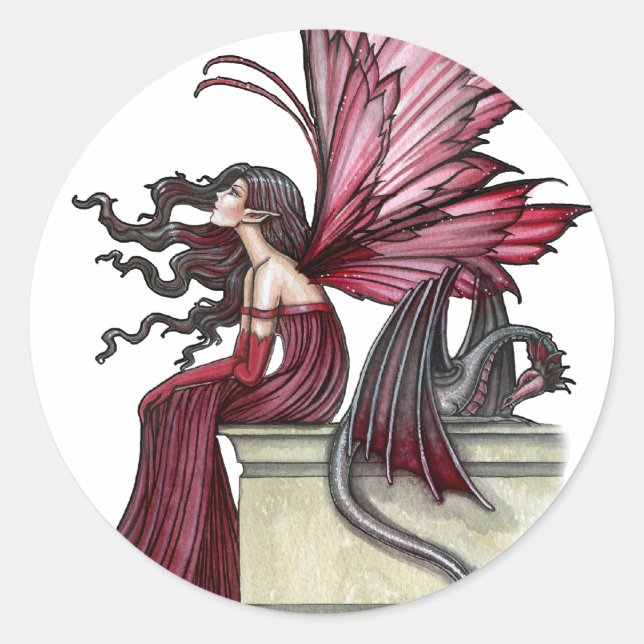 Sticker Rond Gothique Rouge Rubis Sans Repos Fée et Dragon (Devant)
