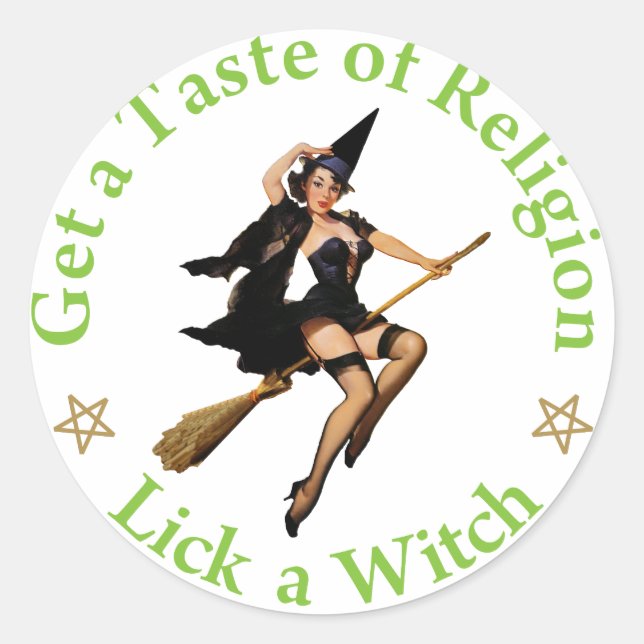 Sticker Rond Goûtez à la religion - Choisissez une sorcière (Devant)