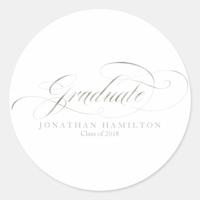Sticker Rond Graduate Foil Argent Élégant Script Graduation (Devant)