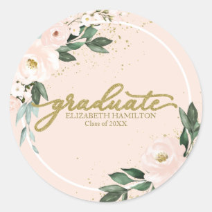 Sticker Rond Graduate Pink Blush Floral Party de graduation