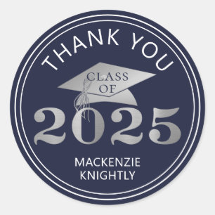 Sticker Rond Graduation 2025 Merci Marine Faux Silver Foil