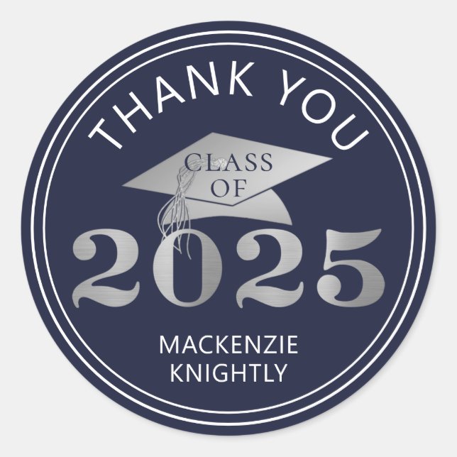 Sticker Rond Graduation 2025 Merci Marine Faux Silver Foil (Devant)
