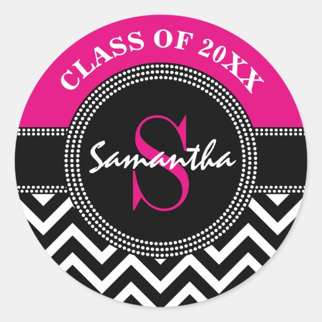 Sticker Rond Graduation Chevron Monogramme rose et noir chaud (Devant)
