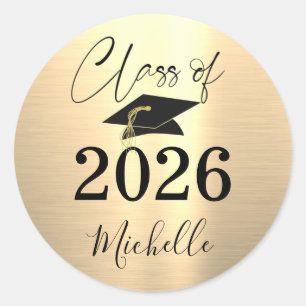 Sticker Rond Graduation Faux Métallic Or Script manuscrit