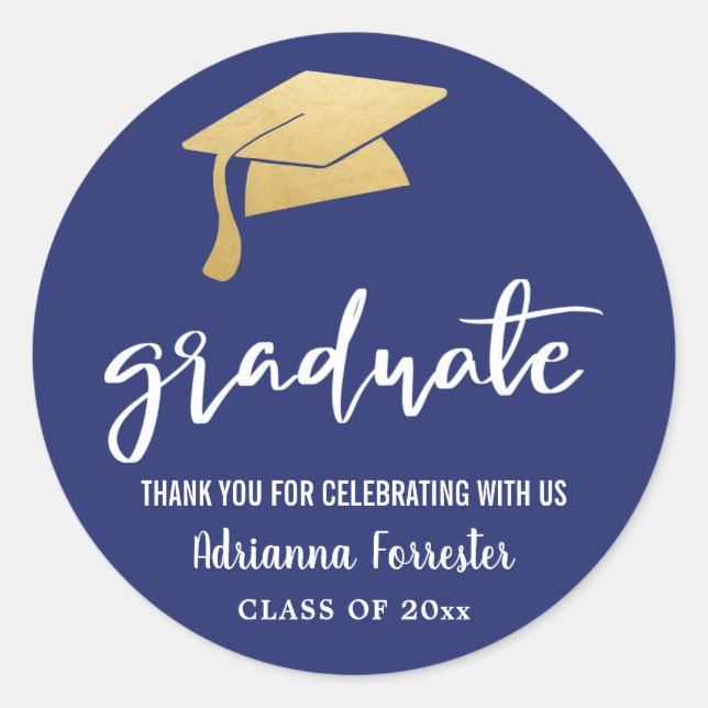 Sticker Rond Graduation Hat Faux Gold Foil Merci Navy Blue (Devant)