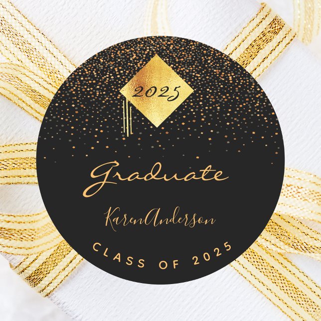 Sticker Rond Graduation party 2023 diplômé noir casquette or (Créateur téléchargé)