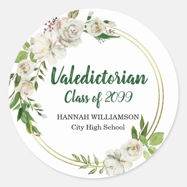 Sticker Rond Graduation personnalisée Valedictorian White Flora (Devant)