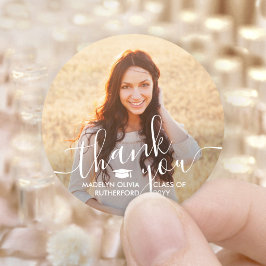 Sticker Rond Graduation Photo & Elegant White Script Thank You