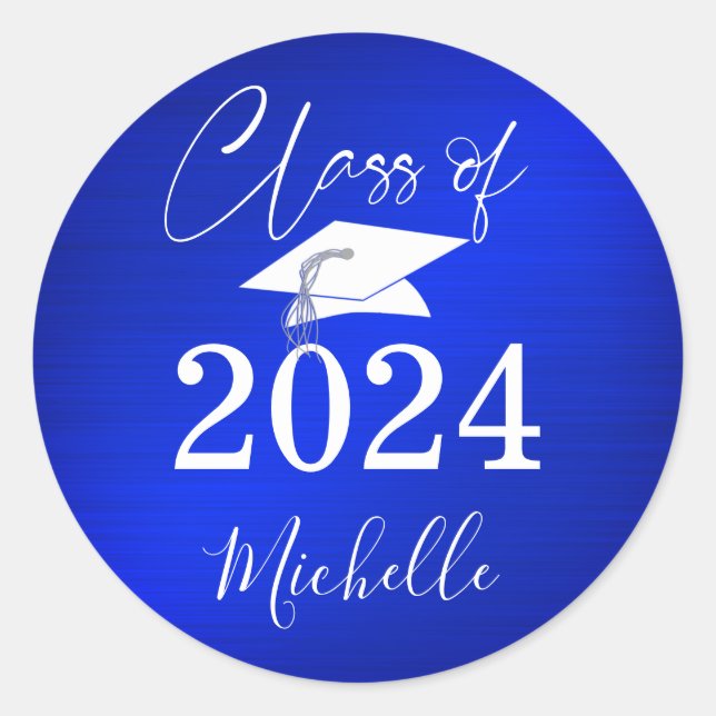 Sticker Rond Graduation Royal Blue Script Casquette Faux Metall (Devant)
