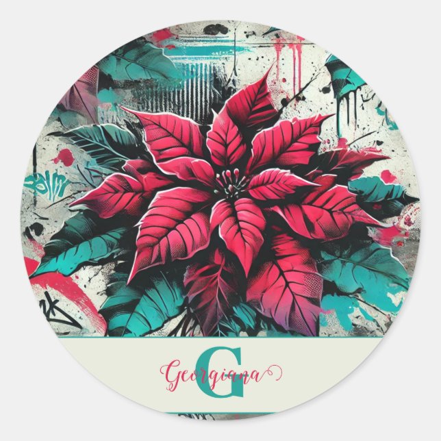 Sticker Rond Graffiti floral personnalisé Grungy Poinsettia (Devant)