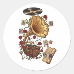 Sticker Rond Gramophone vintage Steampunk avec motif Roses