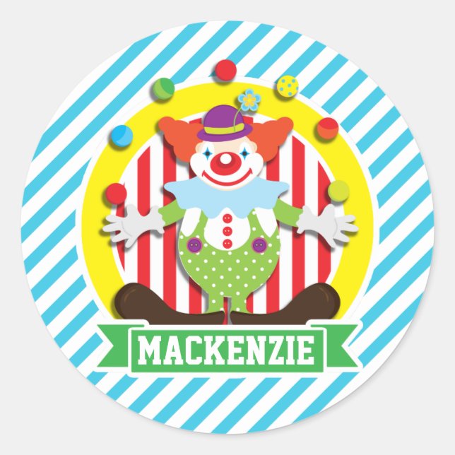 Sticker Rond Grand Clown de cirque en jonglant; Bleu (Devant)