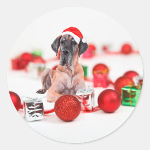 Sticker Rond Grand Danois avec ornements de Noël Cadeaux