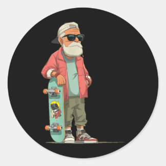 Sticker Rond Grand-père causal avec skateboard cool pour adulte