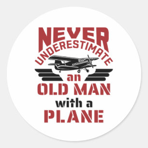 Sticker Rond Grand-père Pilote Vieux homme avec avion