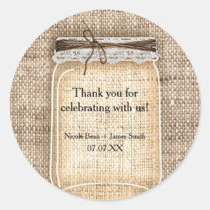 Sticker Rond Grand pot Mason avec toile de jute et dentelle Rus