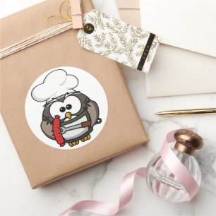 Sticker Rond Grande chouette à corne avec barbecue à la main