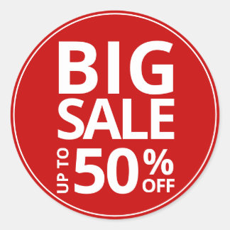 Sticker Rond GRANDE VENTE jusqu'à 50 % DE RÉDUCTION (Cinquante)