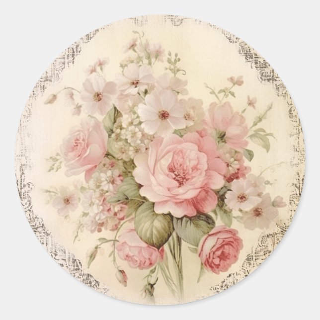 Sticker Rond Grandeur délavée, Rose shabby chic (Devant)