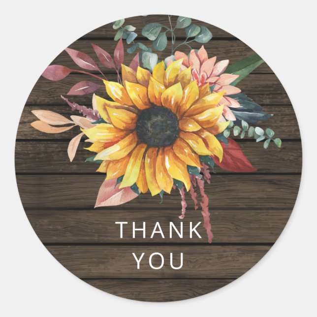 Sticker Rond Grange rustique Bois Pays Fleurs de soleil Merci (Devant)