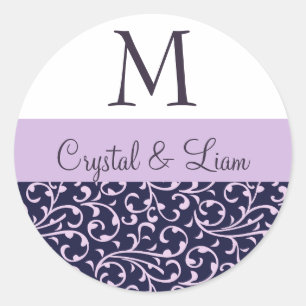 Sticker Rond GRAPE ET LILAC PURPLE Mariage damassé Monogramme