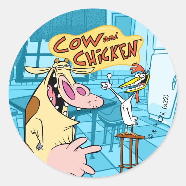 Sticker Rond Graphique souriant de vache et de poulet (Devant)