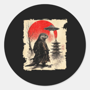 Sticker Rond Graphisme d'art Samouraï Loutre Rétro Ufo Guerrier