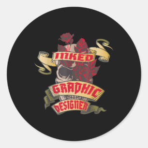 Sticker Rond Graphiste Crâne encrée &amp; Tatto Roses rouges