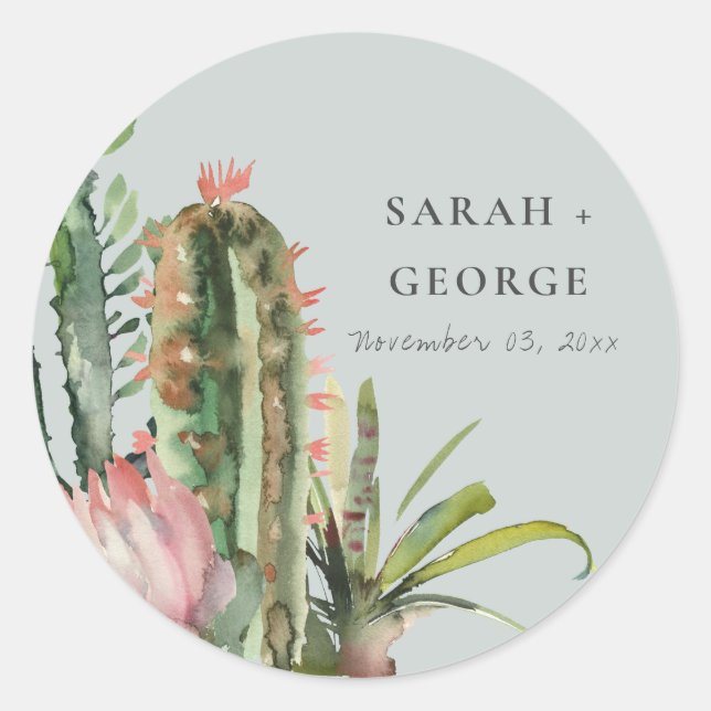 STICKER ROND GRAS BOHO ROSE FLORAL DESERT CACTI FOLIAGE MARIAGE (Devant)