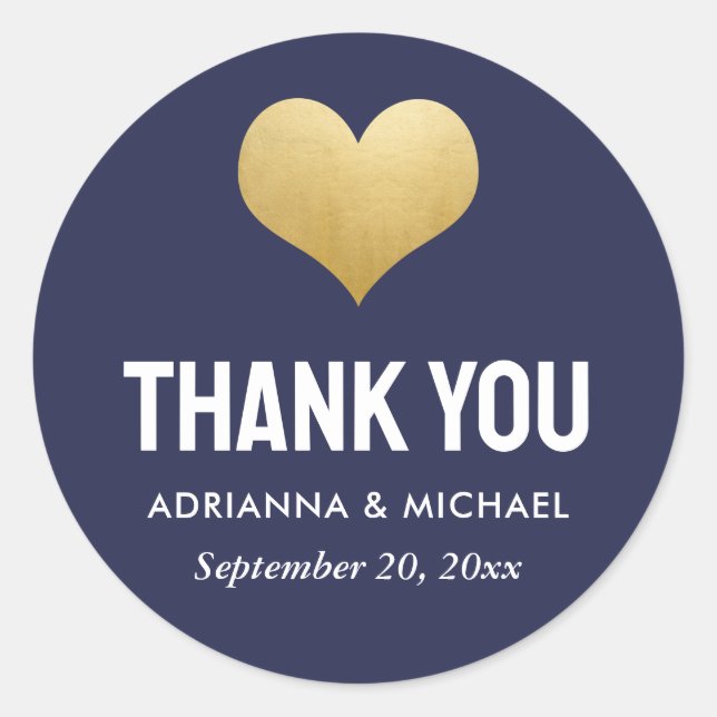 Sticker Rond Gras Faux Gold Foil Coeur Marine Merci bleu (Devant)